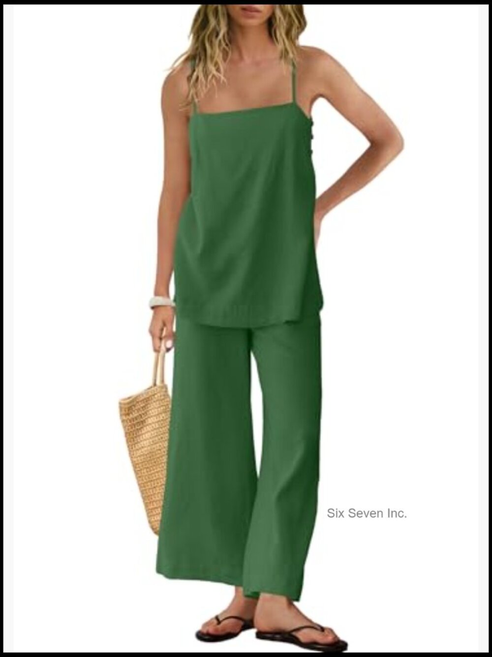 Linen 2 Piece Pants Set Spaghetti Strap Tank Top Wide Leg Lounge Outfits - Picture 2 of 7